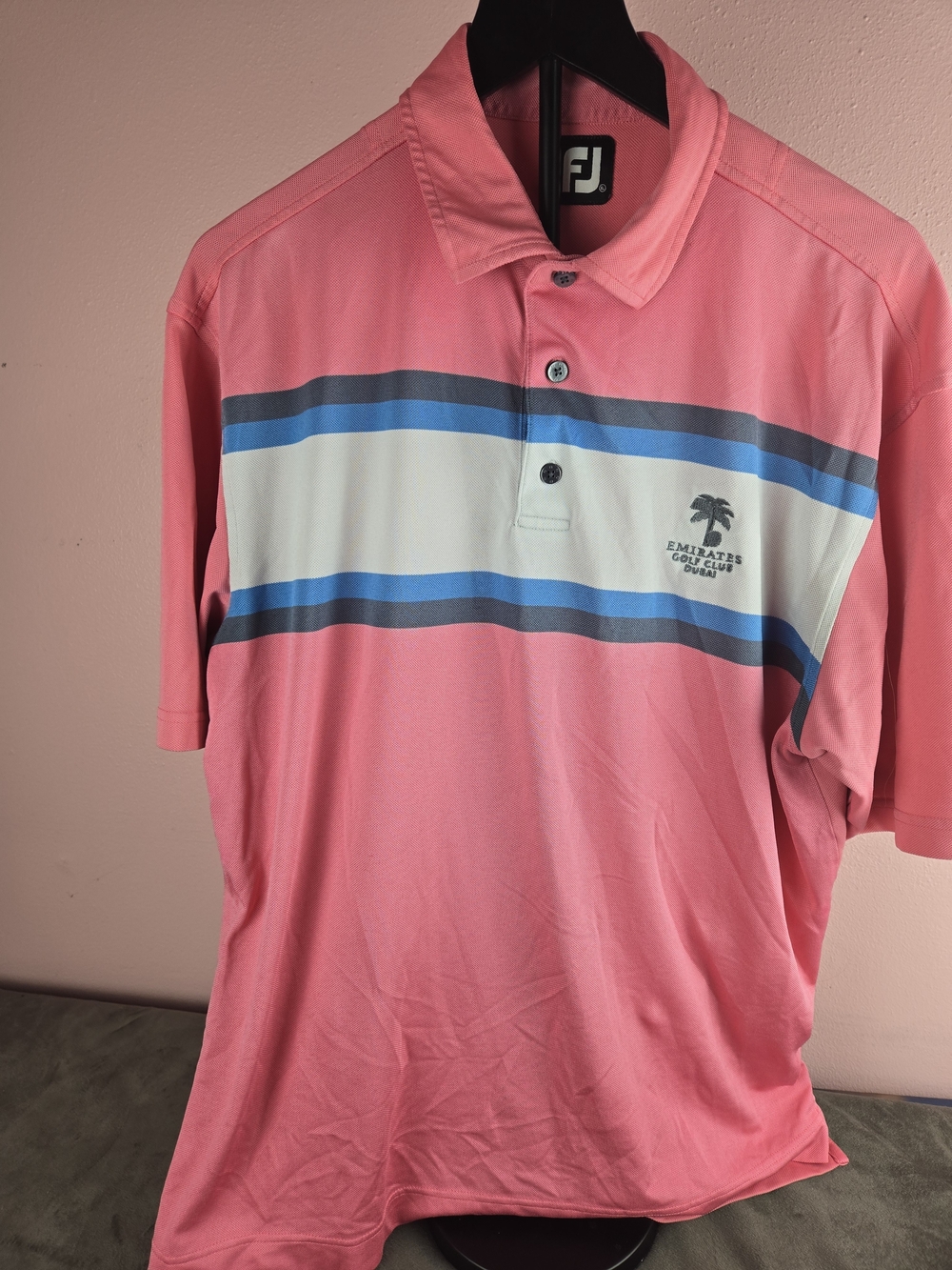 FootJoy Pink Striped Golf Polo with Blue & White Chest Bands